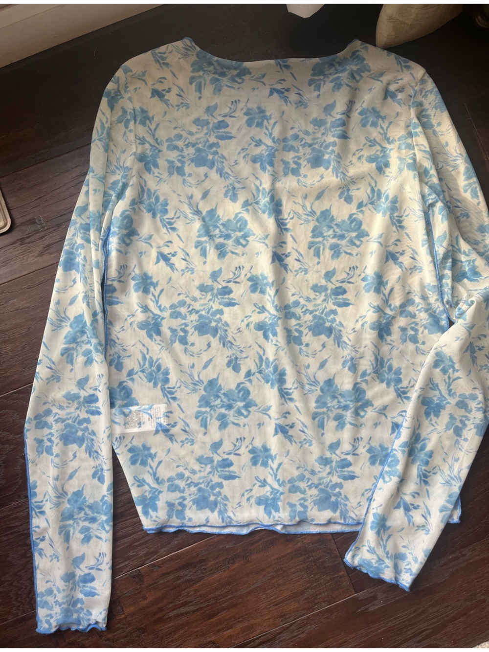 Women's Blue Mesh Floral Long Sleeve Tee
